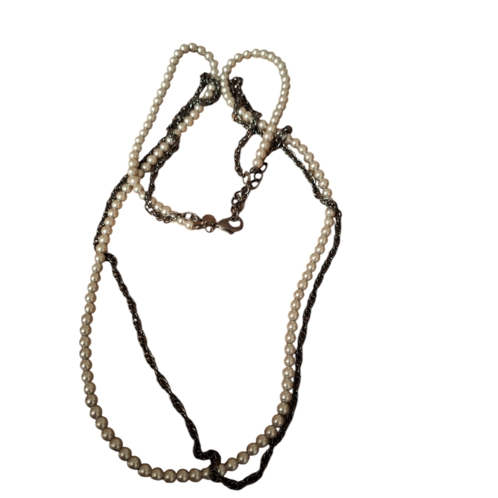 Chicos Two Strand Long Necklace Silvery Gray Faux Pearls & Faux Silver Metallic